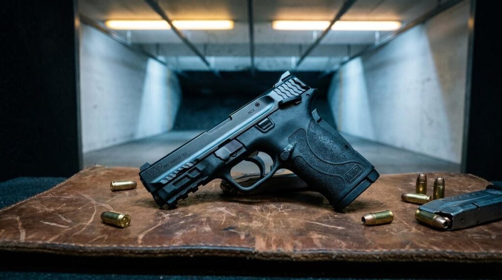 Best Guns for Small Hands (2026): 10 Pistols That Actually Fit 13 Smith and Wesson MP 380 Shield EZ pistol on brown leather shooting mat at an indoor pistol range bay with spent 380 ACP brass cases and an open magazine in cool overhead fluorescent range lighting