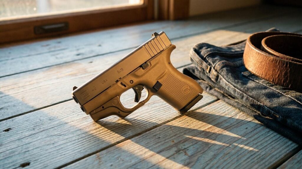 Best Guns for Small Hands (2026): 10 Pistols That Actually Fit 14 Glock 43 single stack 9mm subcompact pistol on weathered light blue washed wooden plank floor with folded dark denim jeans and brown leather pancake belt in warm late afternoon side light