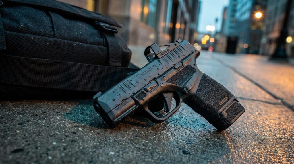 Best Guns for Small Hands (2026): 10 Pistols That Actually Fit 15 Springfield Hellcat micro 9mm pistol on charcoal urban concrete sidewalk at dusk beside a black canvas concealment messenger bag with cool blue ambient and warm sodium amber street light rim
