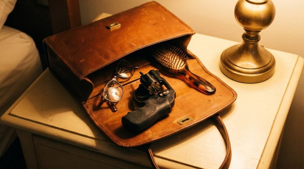 Best Guns for Small Hands (2026): 10 Pistols That Actually Fit 17 Ruger LCR snub-nose 38 Special revolver inside open vintage brown leather handbag on bedside table with reading glasses and tortoise hairbrush in warm tungsten bedside lamp light
