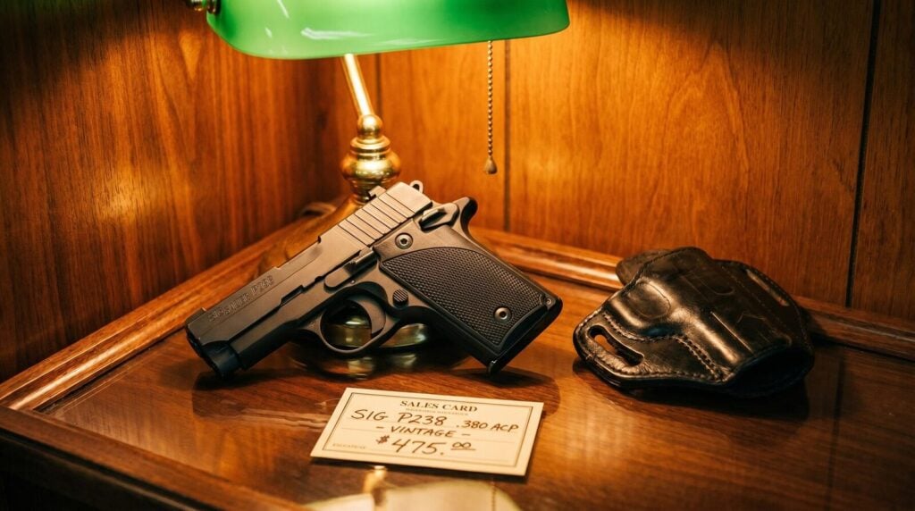 Best Guns for Small Hands (2026): 10 Pistols That Actually Fit 18 Sig Sauer P238 380 ACP micro 1911-style pistol on polished walnut gun shop counter with black leather pancake holster and printed sales card under warm green-shaded tungsten display lamp