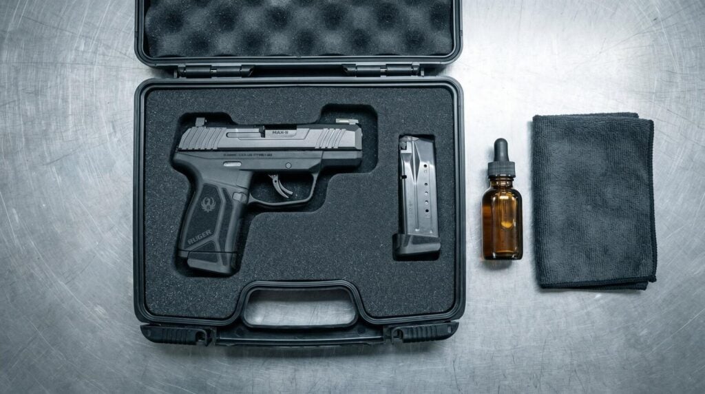 Best Guns for Small Hands (2026): 10 Pistols That Actually Fit 19 Top-down flat-lay of Ruger MAX-9 9mm subcompact pistol in foam-lined hard-shell pistol case on steel workbench with spare 12-round magazine, gun oil bottle, and microfiber cloth under cool overhead workshop fluorescent