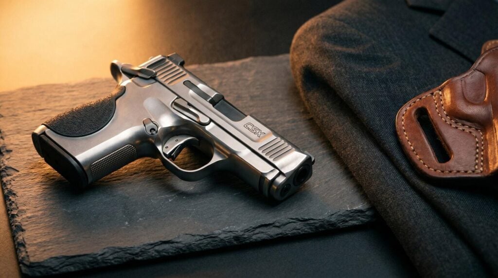 Best Guns for Small Hands (2026): 10 Pistols That Actually Fit 20 Smith and Wesson CSX all-metal compact 1911-style pistol on dark grey slate stone beside folded charcoal wool suit jacket and leather belt holster in warm tungsten directional rim light