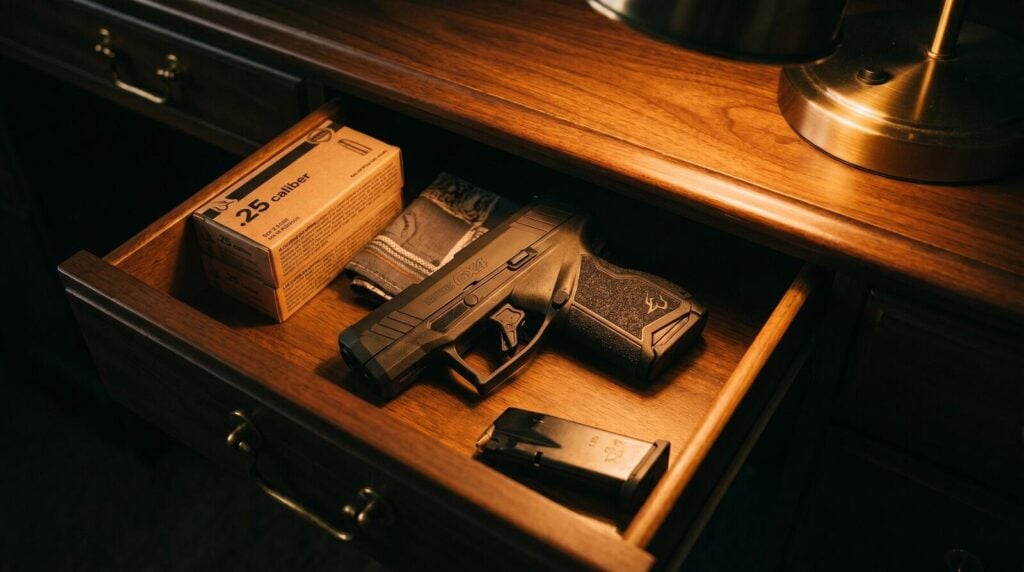Best Guns for Small Hands (2026): 10 Pistols That Actually Fit 21 Taurus GX4 micro 9mm pistol in slightly open wooden desk drawer with stacked .25 ammo box, spare 11-round magazine, and folded handkerchief in warm tungsten desk lamp pool light