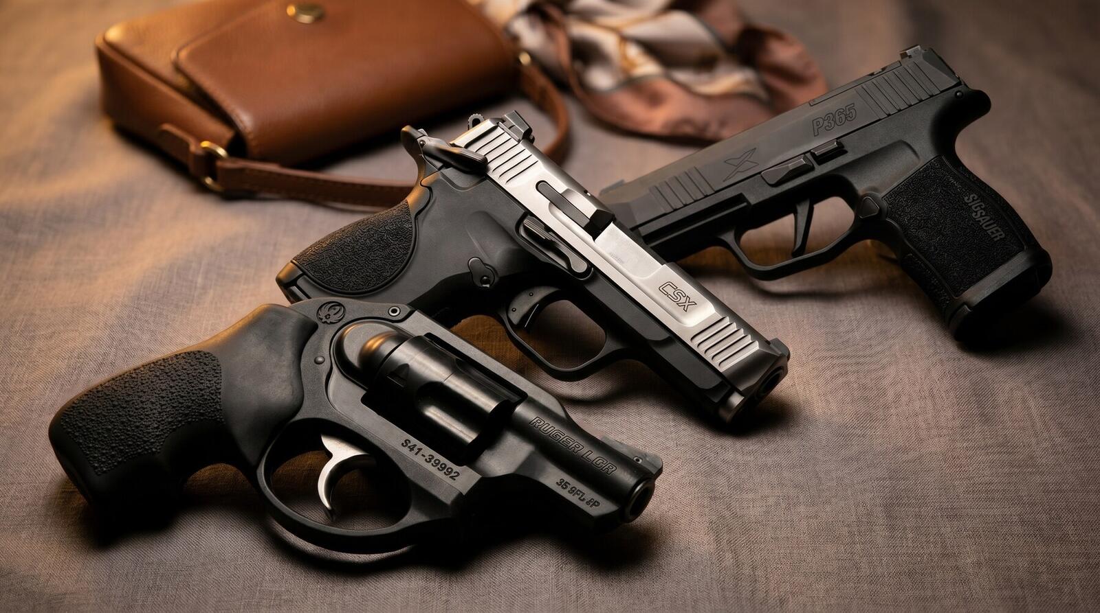 Cinematic editorial composite of three small-hands concealed-carry pistols on taupe linen: Ruger LCR snub-nose revolver, Smith and Wesson CSX all-metal compact, and Sig Sauer P365 modern polymer micro, with leather handbag and silk scarf props in warm tungsten rim lighting