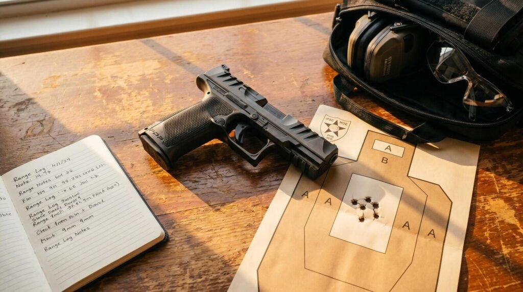 Best Guns for Small Hands (2026): 10 Pistols That Actually Fit 16 Walther PDP-F 9mm pistol on wooden home office desk with paper IPSC target showing 5-shot group, handwritten range log notebook, and black tactical range bag with ear pro spilling out in warm afternoon sunlight from a south-facing window
