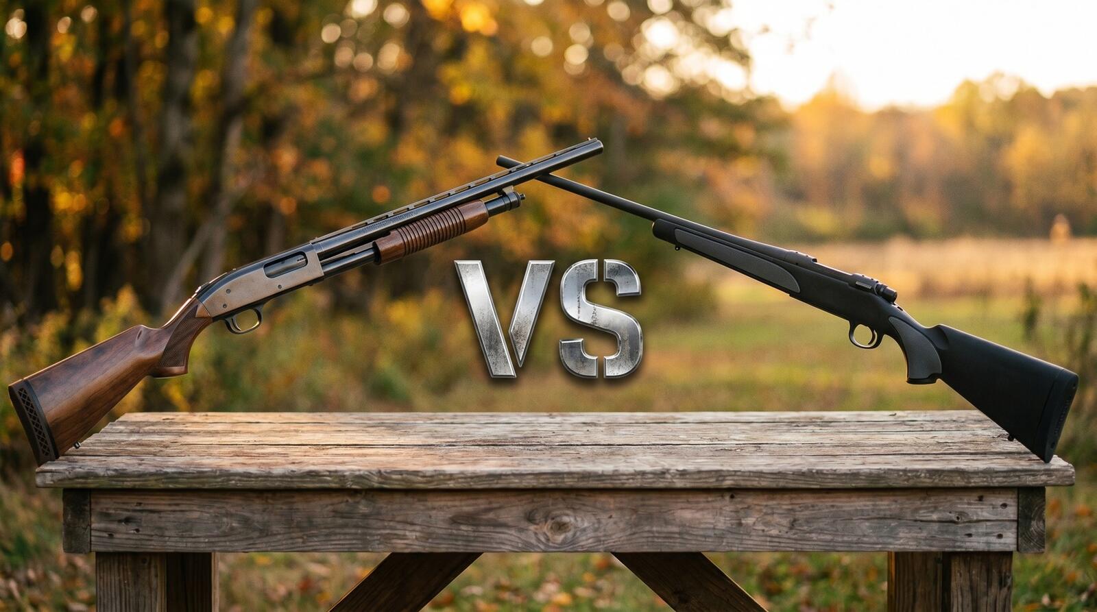 Shotgun vs Rifle for Hunting: When to Use Each 1 Wood-stocked Mossberg 500 pump-action shotgun on the left facing right and black synthetic-stocked Remington 700 SPS bolt-action rifle on the right facing left, with a chrome stylized military stencil VS letterform centered between their muzzles, on a weathered cedar gunsmith bench at autumn golden hour with maple and oak foliage on the left transitioning to an open field on the right