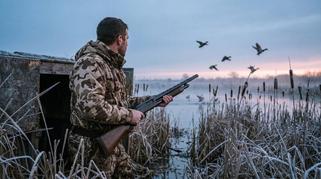 Shotgun vs Rifle for Hunting: When to Use Each 5 Right-handed hunter in tan and brown camo jacket and waders at the edge of a frosted marsh duck blind, holding a wood-stocked Mossberg 500 pump-action shotgun at low ready as mallards flush over a misty cattail-lined pond at cold blue-hour dawn with warm pink sunrise rim light