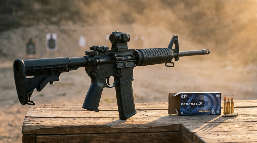 Best Home Defense Guns That Won't Over-Penetrate (2026): 8 Picks Tested Against the Research 12 Ruger AR-556 carbine with 16 inch barrel red dot optic and collapsible stock on weathered cedar shooting bench at outdoor rural range golden hour with box of Federal Power-Shok 64gr soft point .223 cartridges