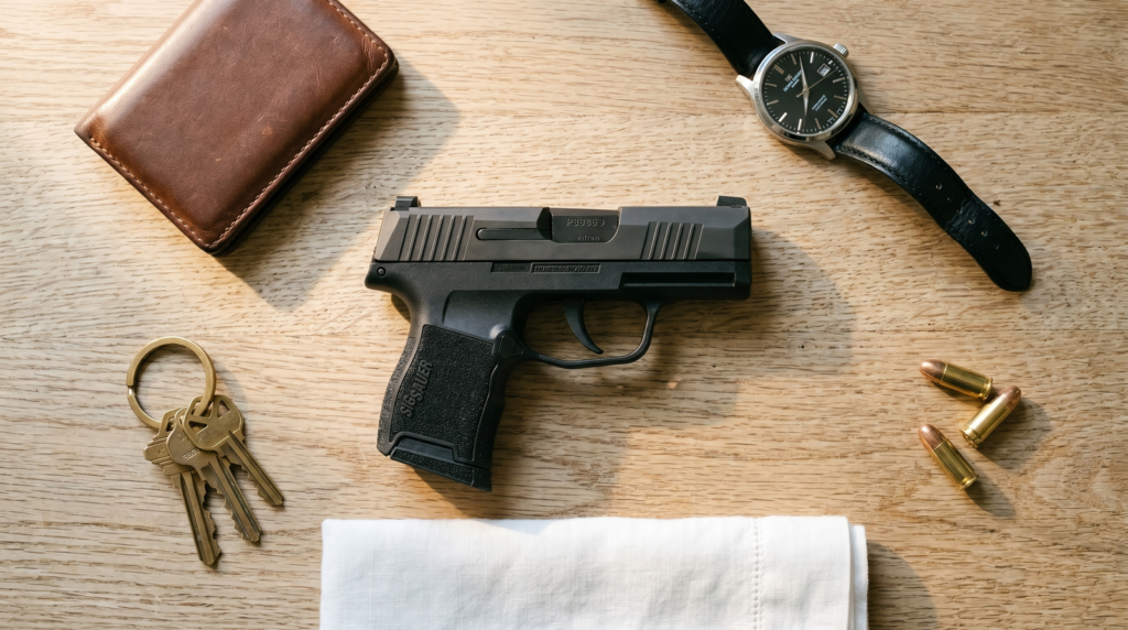 Best Gun for Women's Self Defense (2026): 8 Picks for Every Scenario 37 Sig Sauer P365 Nitron 9mm micro-compact on light oak farmhouse kitchen table morning EDC flat-lay with brown leather wallet brass keys steel watch white handkerchief and brass 9mm cartridges