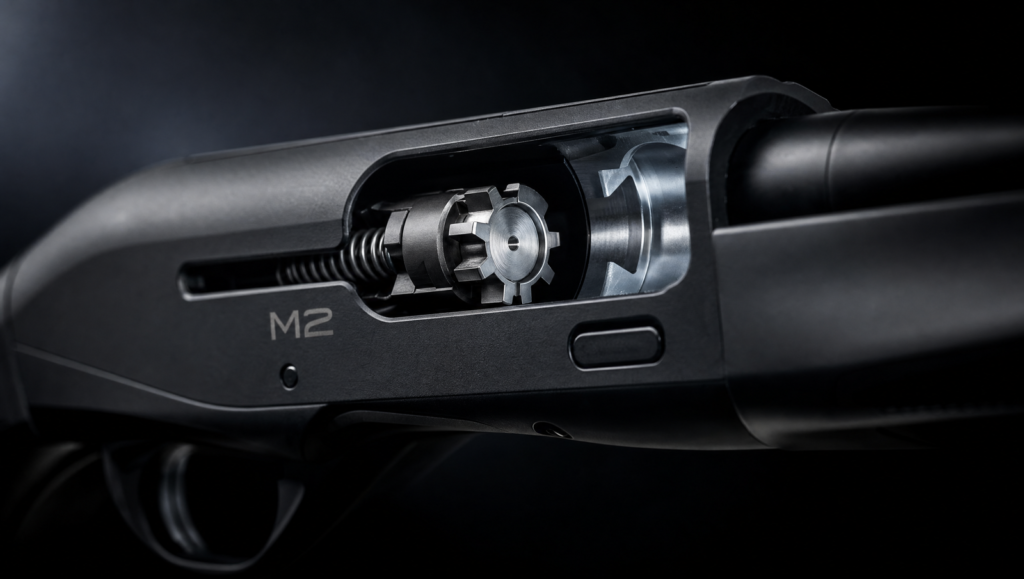 Inertia vs Gas Semi-Auto Shotgun (2026): Which Action Wins? 2 Inertia action close-up of a Benelli M2 12-gauge shotgun showing the rotating bolt and inertia spring
