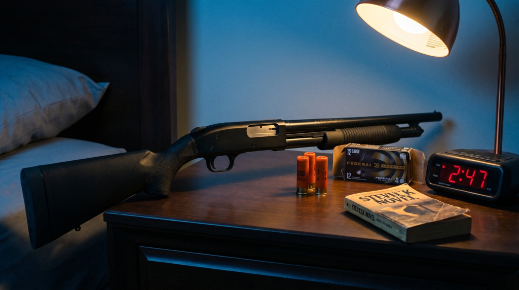 Best Home Defense Guns That Won't Over-Penetrate (2026): 8 Picks Tested Against the Research 13 Mossberg 500 Tactical 12 gauge pump shotgun on dark wooden bedroom nightstand at low blue hour evening light with Federal Premium 12 gauge #4 buckshot reading lamp paperback novel and alarm clock