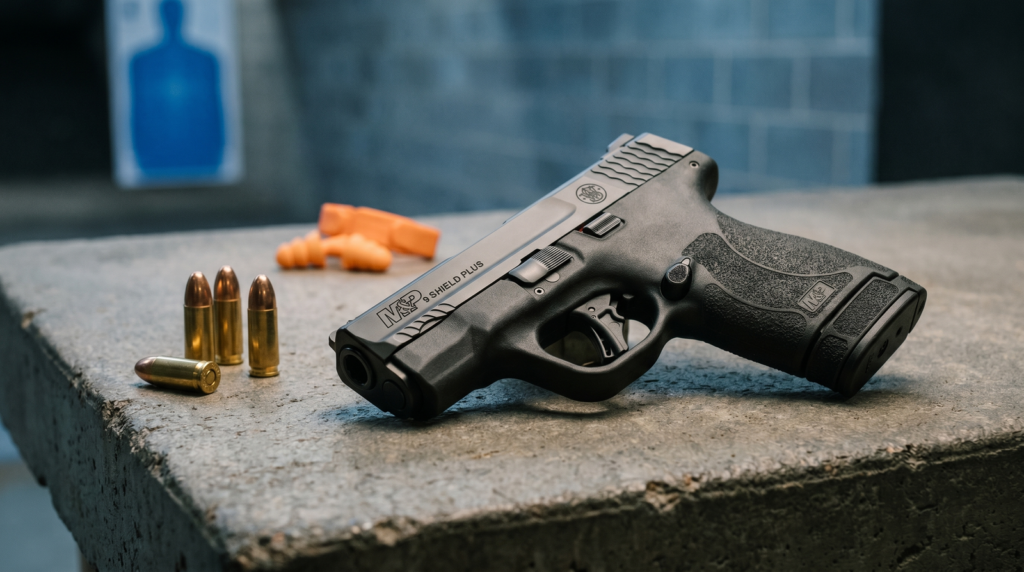 Home Defense for Apartments (2026): Guns, Ammo and Tactics 81 Smith & Wesson M&P Shield Plus on concrete range bench