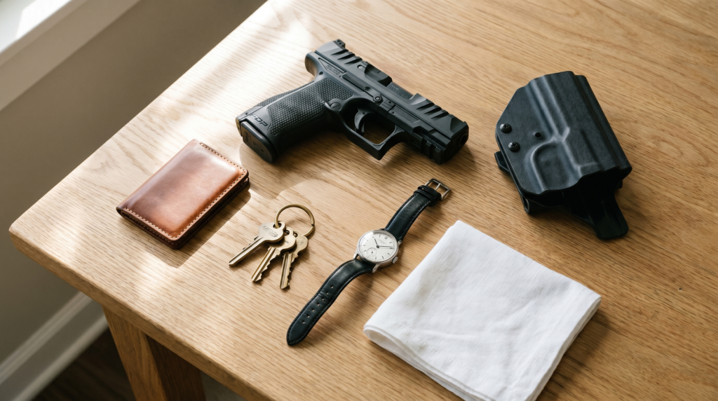 Walther PDP-F Review (2026): 600-Round Test of the First Pistol Engineered for Women's Hands 14 Walther PDP-F everyday carry flat-lay on light oak farmhouse kitchen table with slim cognac leather wallet brass keychain mechanical wristwatch white handkerchief and black Kydex IWB holster