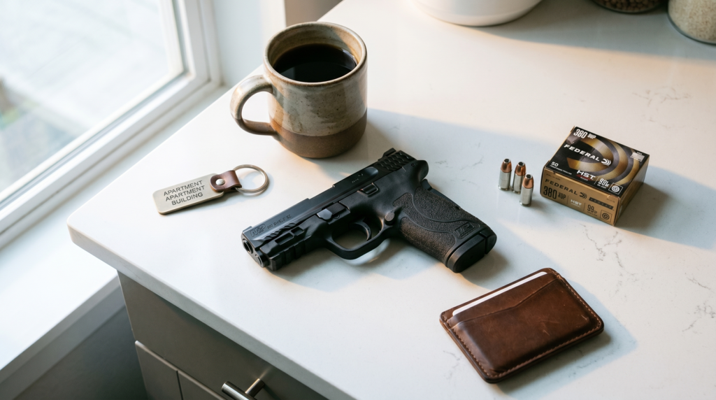 Best Home Defense Guns That Won't Over-Penetrate (2026): 8 Picks Tested Against the Research 14 Smith Wesson M&P 380 Shield EZ pistol on white quartz apartment kitchen countertop in soft morning daylight with stoneware coffee mug apartment keychain Federal HST .380 99gr JHP cartridges and brown leather wallet