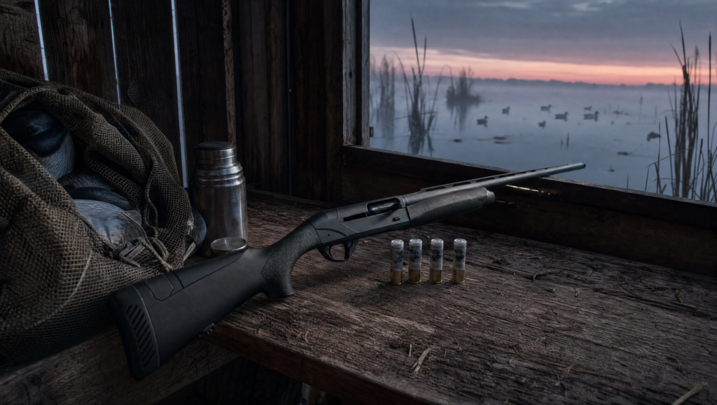 Inertia vs Gas Semi-Auto Shotgun (2026): Which Action Wins? 15 Benelli Super Black Eagle 3 inertia shotgun in a waterfowl duck blind at dawn