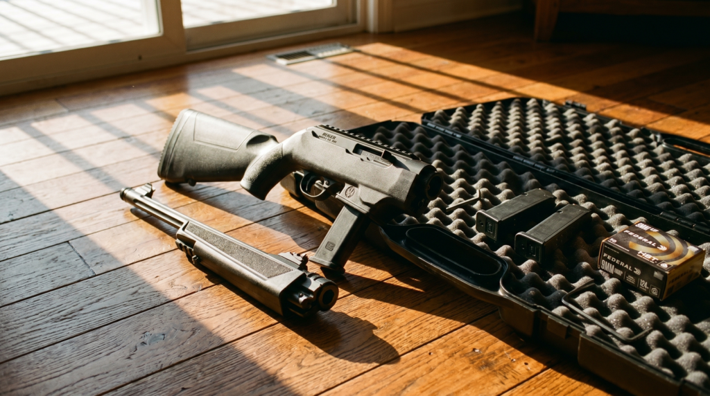 Best Home Defense Guns That Won't Over-Penetrate (2026): 8 Picks Tested Against the Research 15 Ruger PC Carbine 9mm pistol caliber carbine takedown design partially out of open hard rifle case on hardwood living room floor with warm morning sunlight foam egg crate cutouts two spare magazines and 50 round box of Federal HST 9mm 124gr JHP