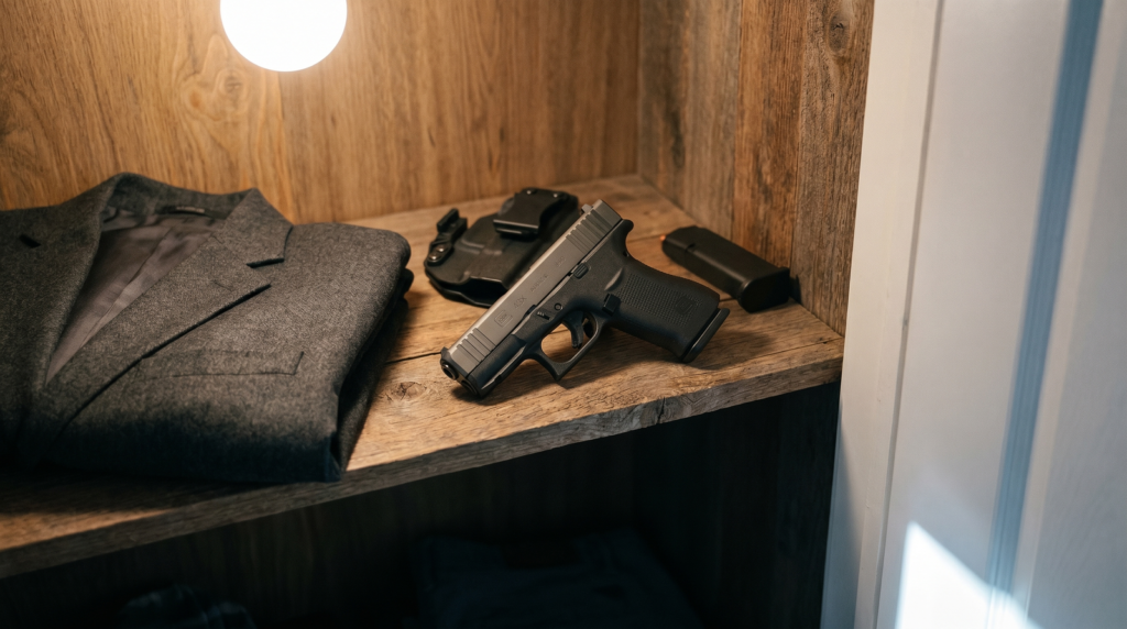 Glock 43 vs Glock 43X: Which Slim Carry Glock Wins? (2026) 5 Glock 43X slimline 9mm pistol on a wood shelf with a Kydex holster, magazine and jacket for everyday carry
