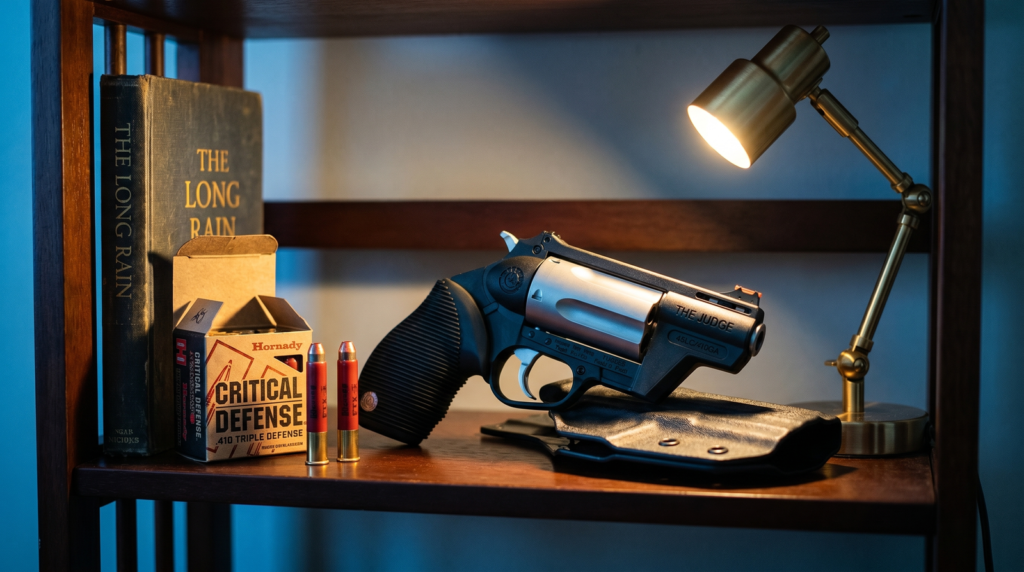 Best Home Defense Guns That Won't Over-Penetrate (2026): 8 Picks Tested Against the Research 16 Taurus Judge Polymer .45 LC .410 GA revolver lying on open Kydex IWB holster on wooden bedside bookcase with box of Hornady Critical Defense .410 Triple Defense cartridges hardback book and warm reading lamp