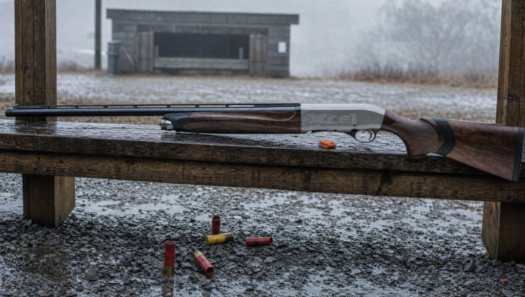 Inertia vs Gas Semi-Auto Shotgun (2026): Which Action Wins? 16 Sporting clays shooter mounted behind a Beretta A400 Xcel gas-operated shotgun breaking a clay target
