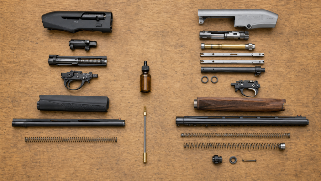Inertia vs Gas Semi-Auto Shotgun (2026): Which Action Wins? 4 Overhead comparison of a field-stripped Benelli M2 inertia shotgun next to a field-stripped Beretta A400 gas shotgun on a workbench