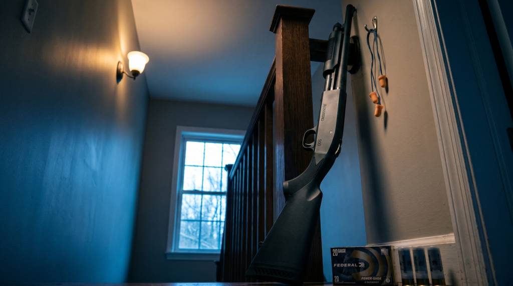 Best Home Defense Guns That Won't Over-Penetrate (2026): 8 Picks Tested Against the Research 17 Matte black 20 gauge Mossberg 500 Bantam compact pump shotgun leaning against banister railing in defensive home hallway at blue hour evening light with hallway sconce foam ear pro and Federal Power-Shok 20 gauge #3 buckshot box