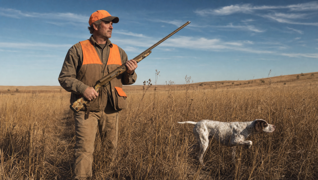 Inertia vs Gas Semi-Auto Shotgun (2026): Which Action Wins? 17 Upland pheasant hunter holding a Browning A5 inertia shotgun walking through golden prairie grass with an English pointer on point