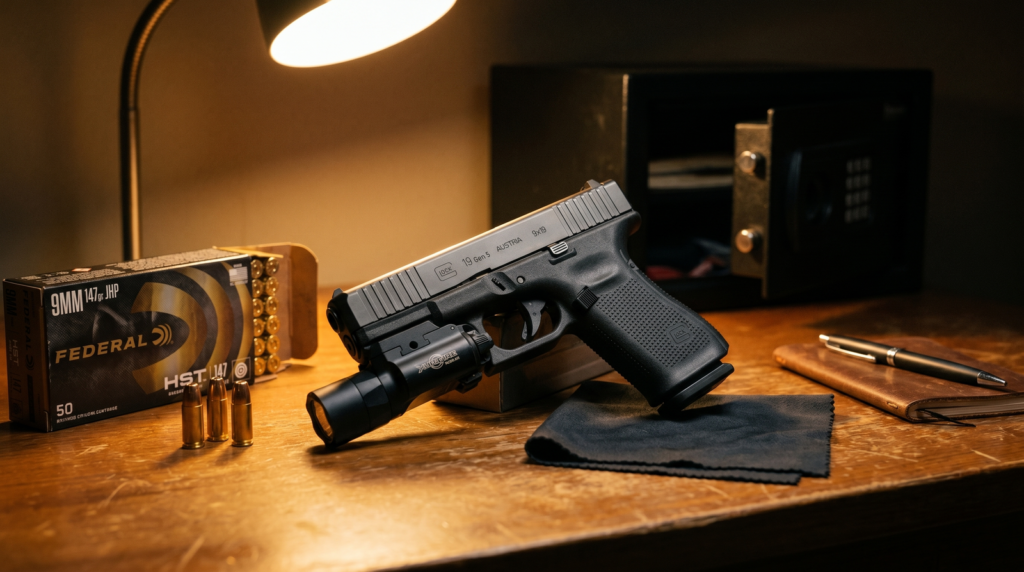 Best Home Defense Guns That Won't Over-Penetrate (2026): 8 Picks Tested Against the Research 18 Glock 19 9mm pistol with SureFire X300U-A weapon light attached on worn wooden home office desk with 50 round box of Federal HST 9mm 147gr JHP cartridges brass cartridges standing upright microfiber cloth notebook and partially open home safe in background