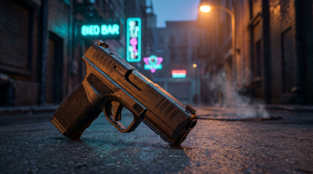 Best Gun for Women's Self Defense (2026): 8 Picks for Every Scenario 39 Springfield Hellcat Pro OSP 9mm micro-compact on rain-wet dark grey concrete urban alley at blue hour twilight with teal and magenta neon bokeh and warm sodium-vapor street light