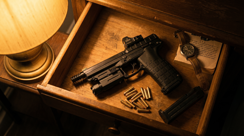 Best Home Defense Guns That Won't Over-Penetrate (2026): 8 Picks Tested Against the Research 19 Kel-Tec PMR-30 .22 WMR pistol with 30 round magazine red dot mount and tactical light lying inside open wooden nightstand drawer at night with loose CCI Maxi-Mag .22 WMR 40gr JHP cartridges wristwatch and folded paperback