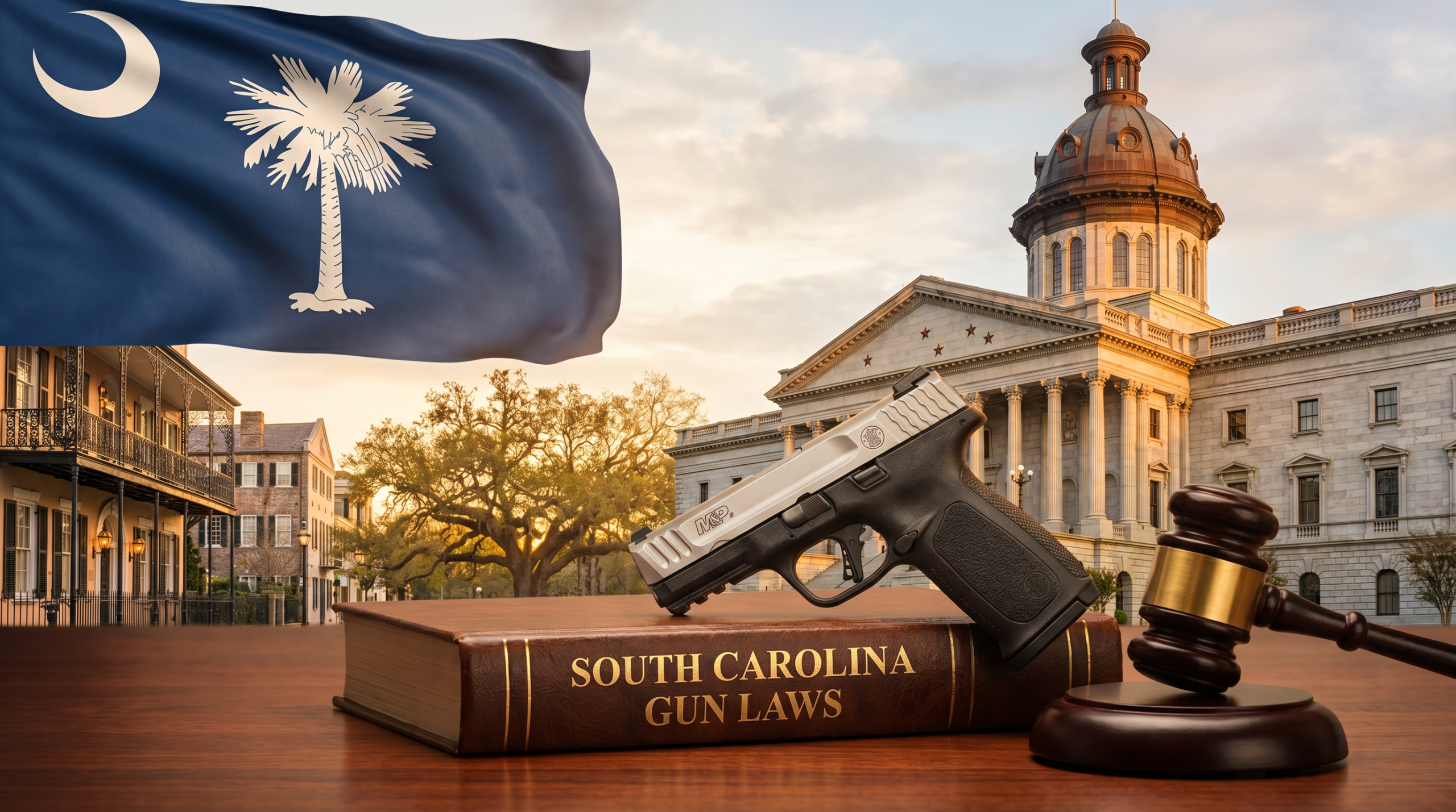 South Carolina Gun Laws (2026): Constitutional Carry, CWP & Stand Your Ground 8 South Carolina Gun Laws editorial composite — state flag, capitol building, landmark landscape, and law-themed gun + gavel scene