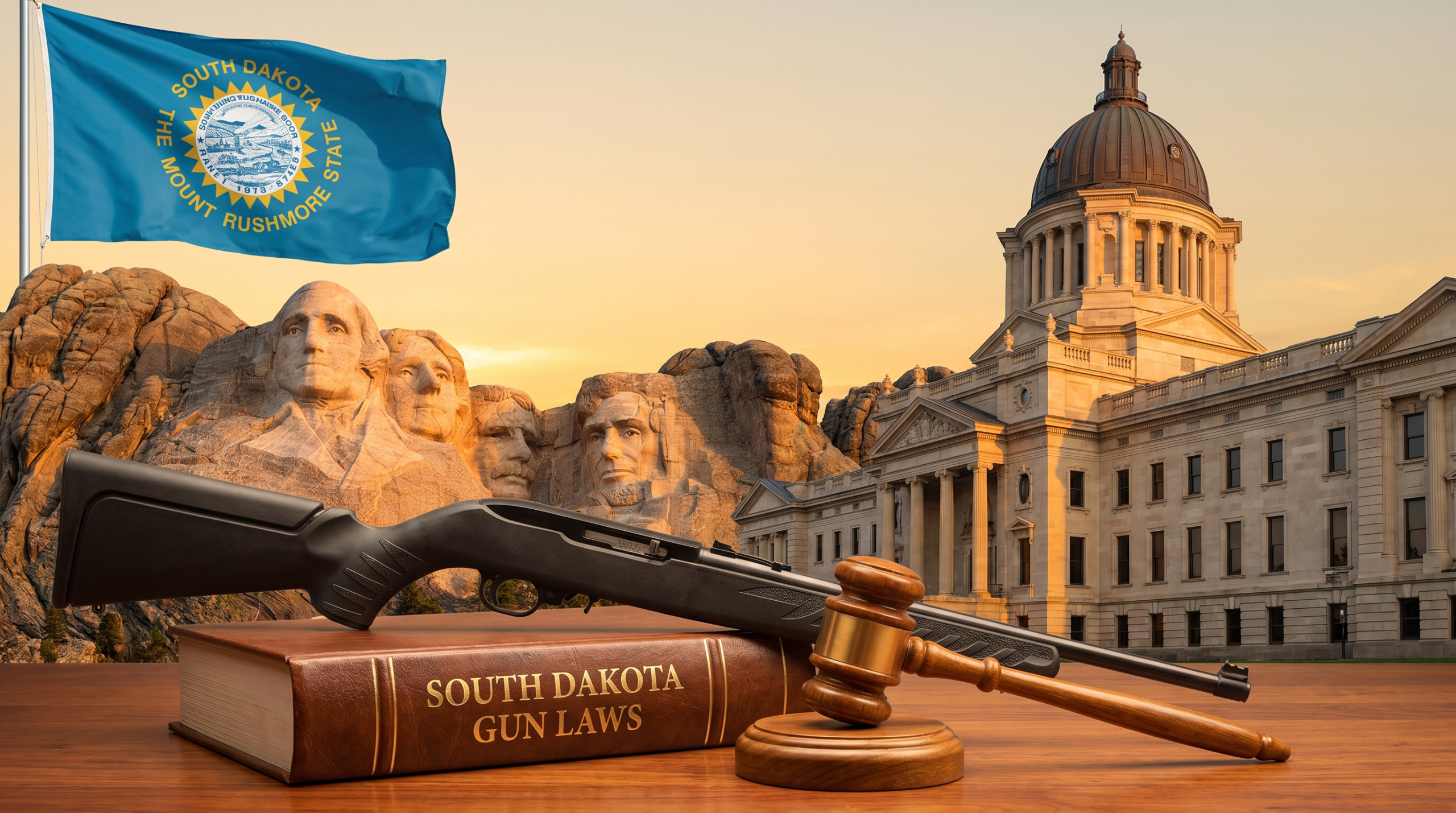 South Dakota Gun Laws (2026): Constitutional Carry, Three-Tier Permits & Stand Your Ground 7 South Dakota Gun Laws editorial composite — state flag, capitol building, landmark landscape, and law-themed gun + gavel scene