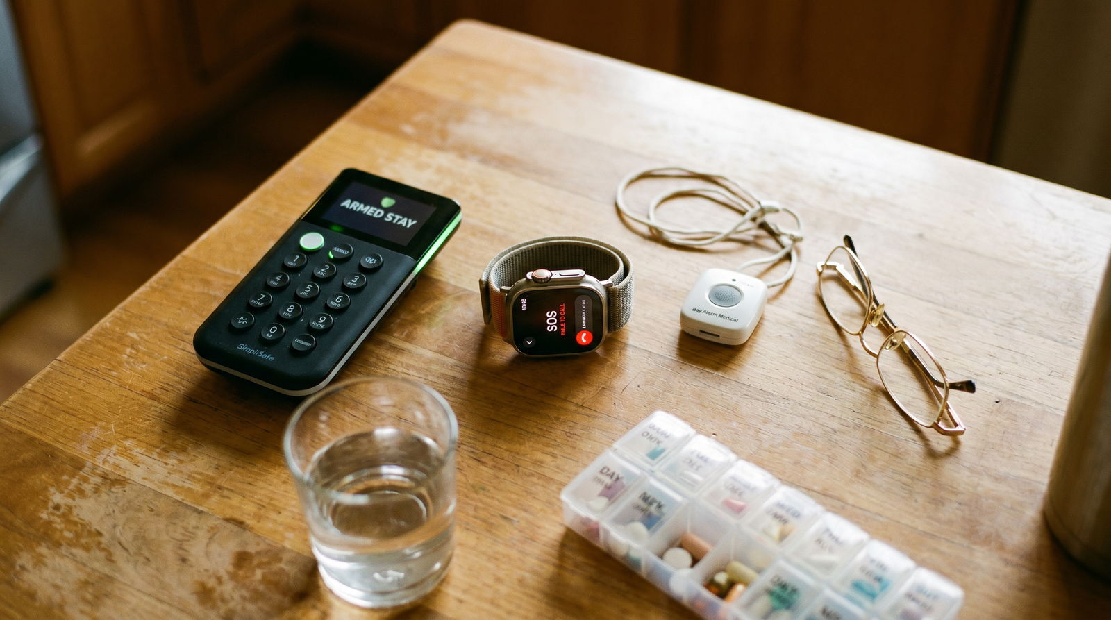 Home Defense for Seniors (2026): Easy-to-Use Guns and Plans 41 Top-down editorial flat-lay on wooden kitchen table showing an integrated home defense and medical alert setup for an older adult — Apple Watch Ultra displaying the SOS emergency dialer screen, SimpliSafe wireless keypad with armed-stay status, white Bay Alarm Medical pendant button, gold reading glasses, glass of water and a pill organizer under warm tungsten kitchen pendant light
