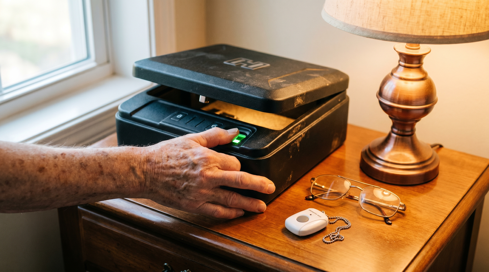 Home Defense for Seniors (2026): Easy-to-Use Guns and Plans 40 Cinematic close-up of an older adult's hand with visible age spots pressing the biometric fingerprint reader pad of a small black quick-access handgun safe on a wooden nightstand with green LED ready light glowing as the lid begins to spring open beside gold-rimmed reading glasses, a white medical alert pendant on a lanyard and a copper bedside lamp under warm morning window light
