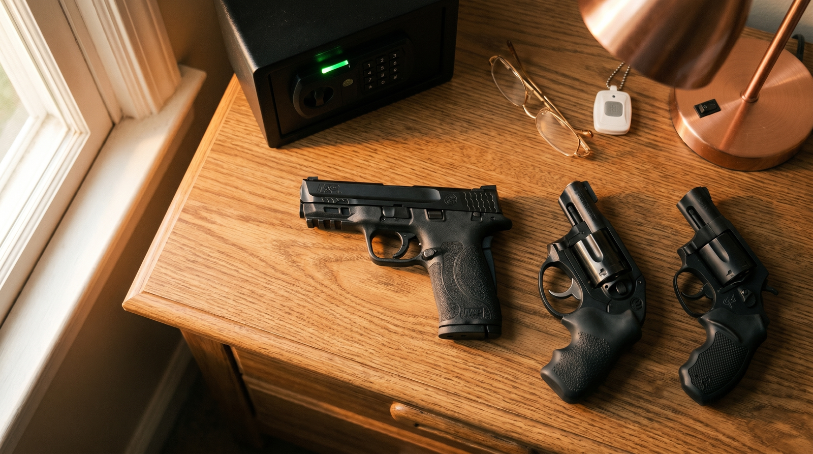Top-down editorial photograph of a senior bedroom nightstand at dawn — black S&W M&P Shield EZ 9mm pistol staged with a Ruger LCR and Taurus 856 revolver, a small black biometric quick-access handgun safe with green LED ready light, gold reading glasses, white medical alert pendant and copper desk lamp under warm dawn window light