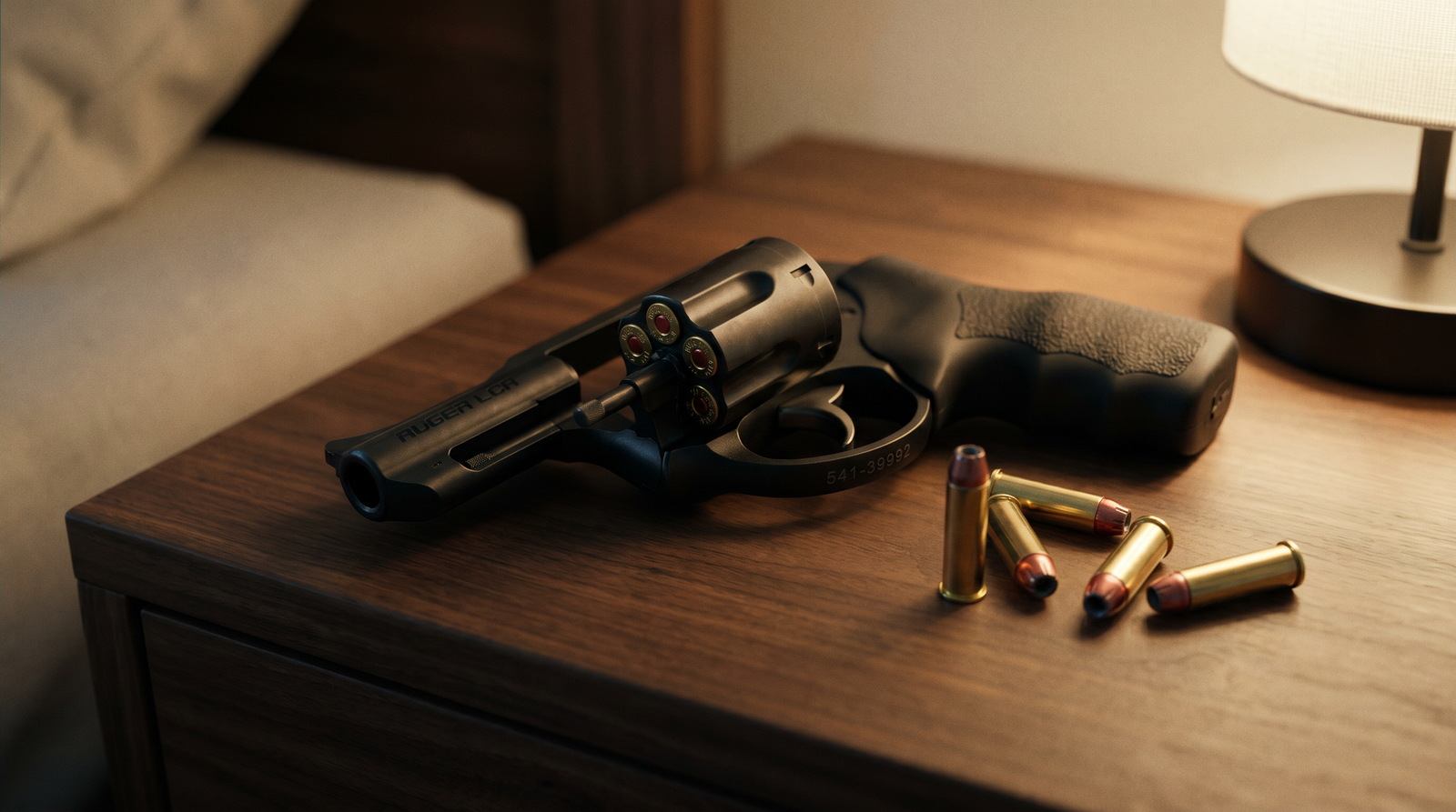 Home Defense for Seniors (2026): Easy-to-Use Guns and Plans 28 Editorial close-up of black Ruger LCR .357 Magnum revolver with Hogue Tamer Monogrip on dark walnut nightstand with brass .38 Special +P Federal HST cartridges scattered beside under warm tungsten bedside-lamp light demonstrating the simple no-slide-to-rack manual of arms for senior users