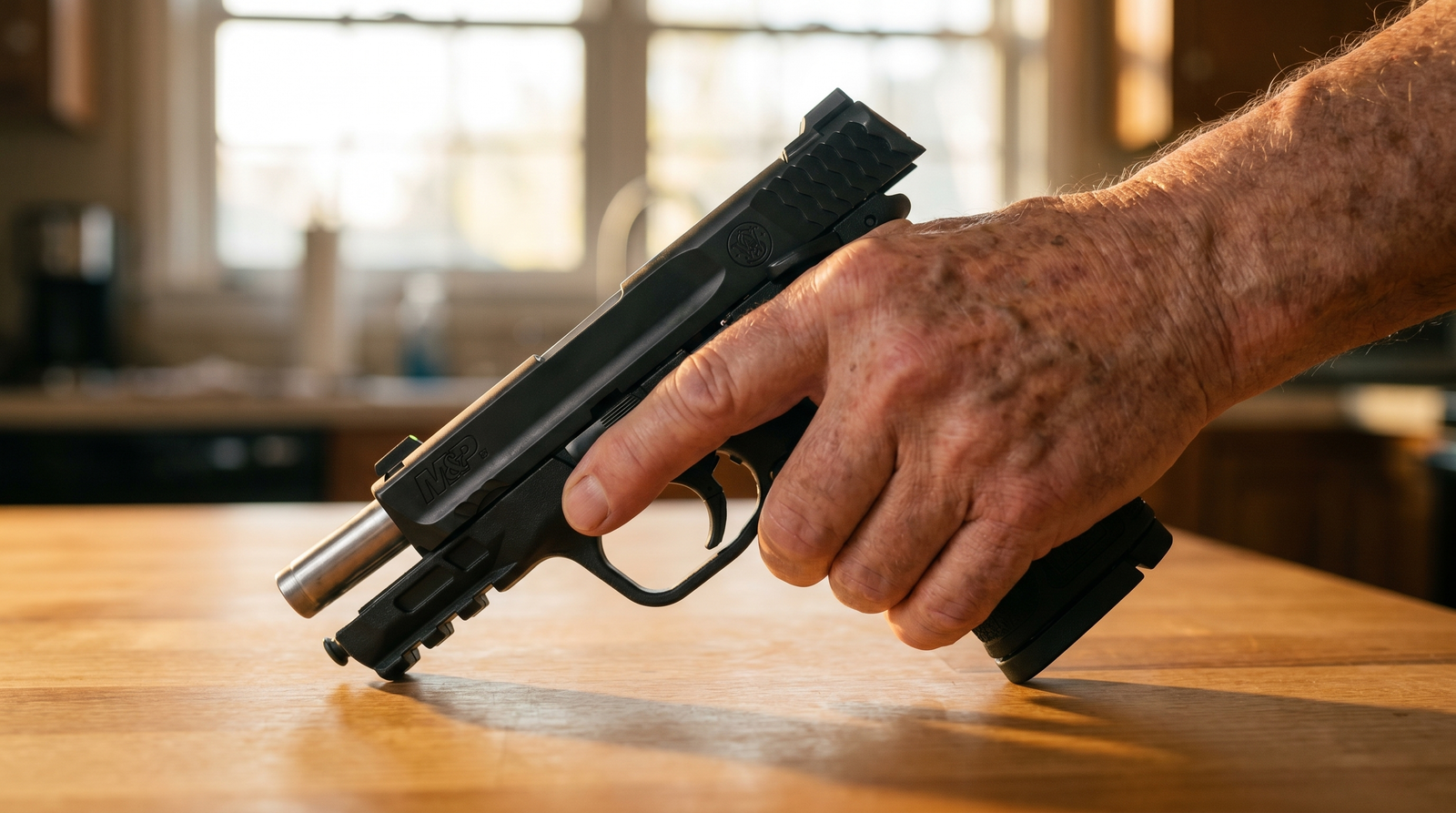 Home Defense for Seniors (2026): Easy-to-Use Guns and Plans 27 Cinematic close-up of an older adult's hand with visible age spots and slight finger joint prominence firmly grasping the rear serrated slide of a black S&W M&P Shield EZ 9mm pistol on a clean wood kitchen table with morning light from a window behind — demonstrating the EZ model's 30 percent easier slide rack for arthritic hands