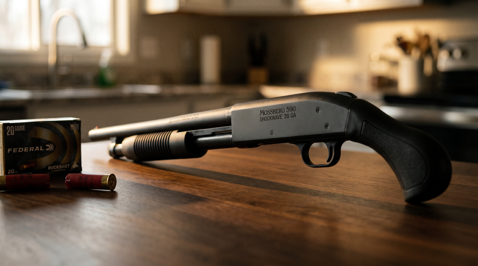 Home Defense for Seniors (2026): Easy-to-Use Guns and Plans 29 Cinematic editorial photograph of black Mossberg 590 Shockwave 20-gauge pump-action shotgun with distinctive bird's-head pistol grip stock and 14-inch barrel staged on dark walnut kitchen table with Federal 20-gauge buckshot ammunition box and two red 20-gauge hulls scattered at the frame edge under warm kitchen window side-light