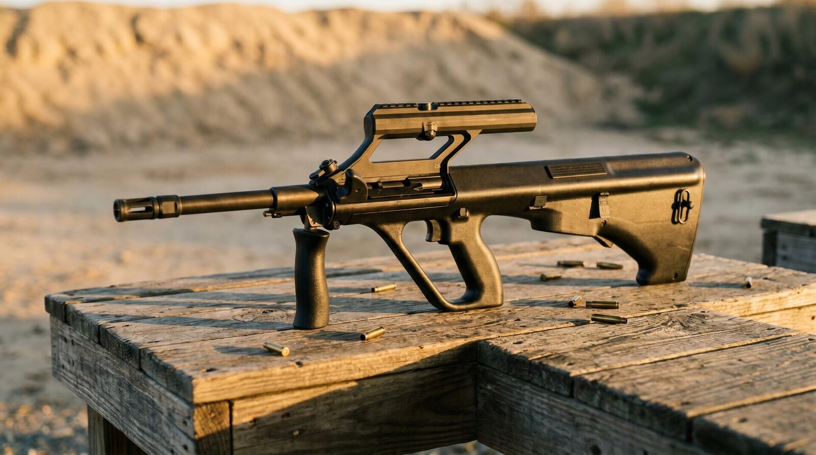 Steyr AUG A3 M1 bullpup rifle on weathered wooden range bench at golden hour with sand berm in background