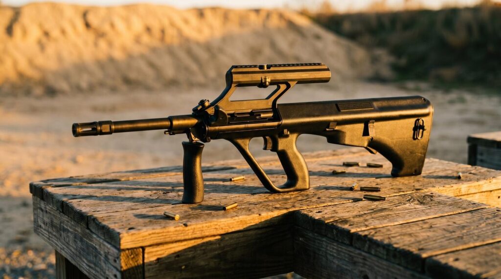 Steyr AUG A3 M1 Review (2026): 500 Round Test of the OG Bullpup 21 Steyr AUG A3 M1 bullpup rifle low-angle ground-level perspective on wooden range bench at golden hour