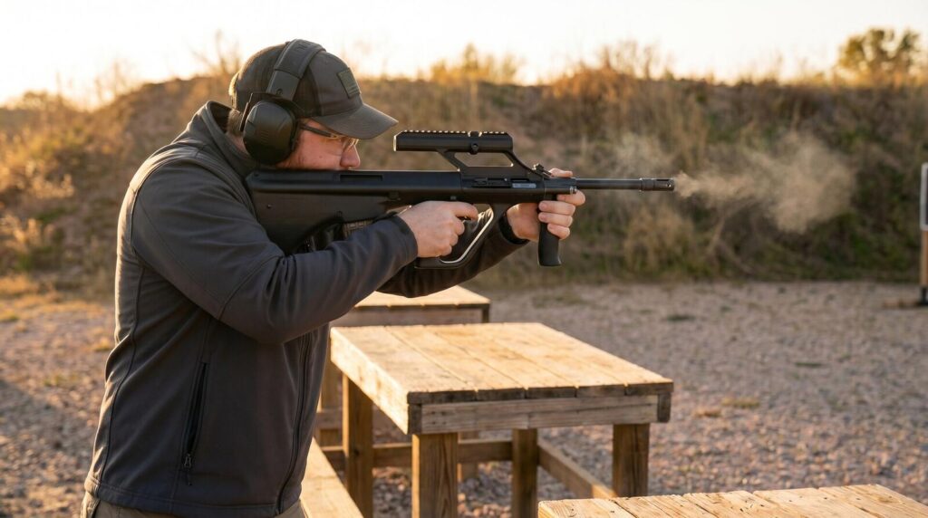 Steyr AUG A3 M1 Review (2026): 500 Round Test of the OG Bullpup 19 Shooter firing Steyr AUG A3 M1 bullpup rifle side-profile at outdoor range during 500 round test