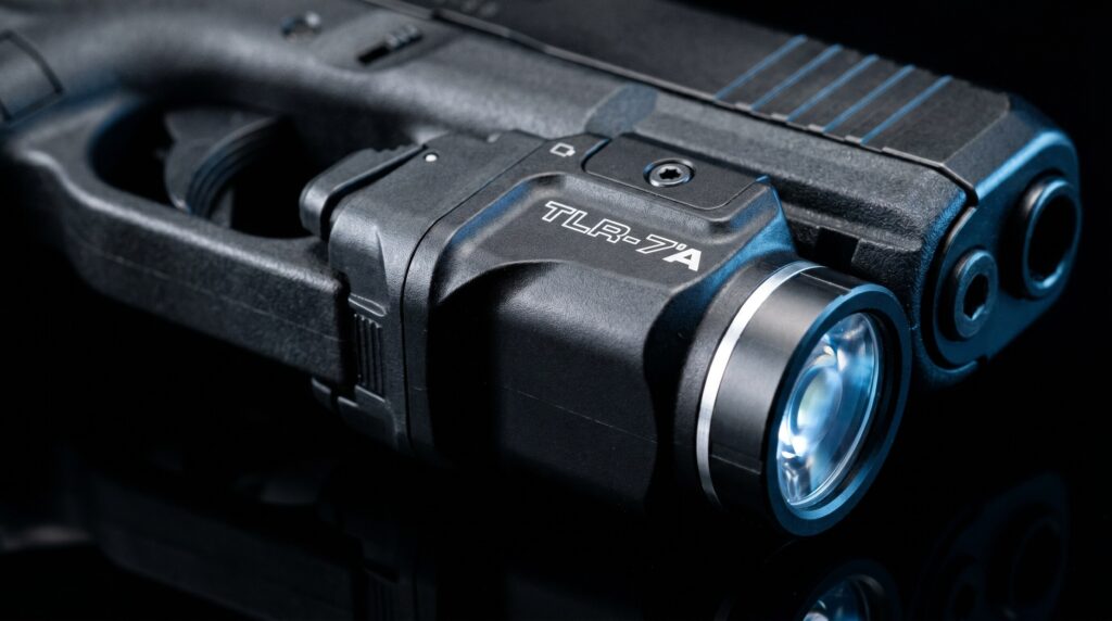 Home Defense on a Budget (2026): Complete Setup Under $1000 22 Extreme macro close-up of a Streamlight TLR-7A weapon light mounted on the picatinny rail of a black polymer 9mm pistol showing the side activation paddle switch and bezel detail in cool blue-white LED side-rim light against a deep black studio background