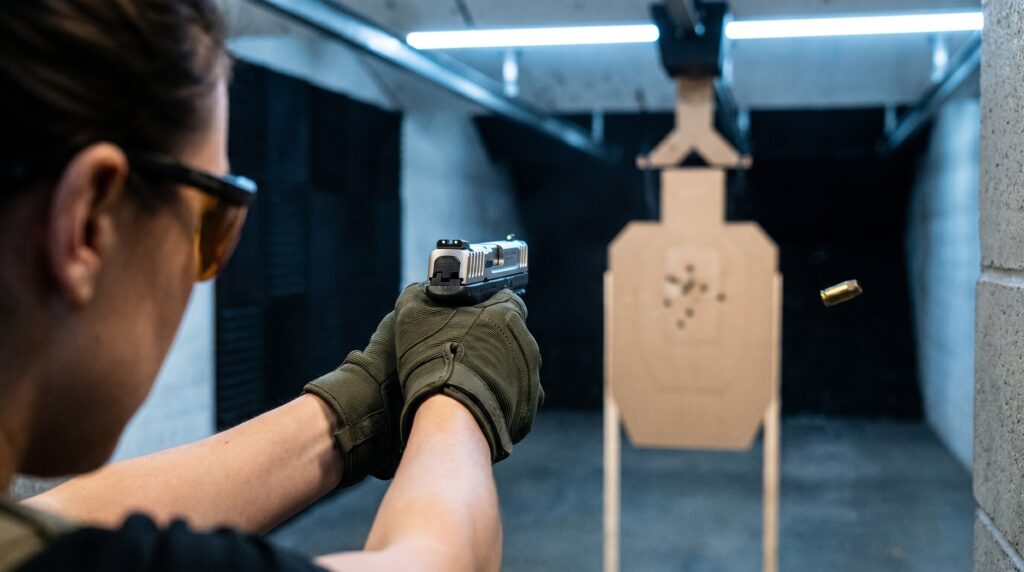 Best Guns Under $400 for Women (2026): Budget Self-Defense Picks 13 First-person shooter perspective of a Smith and Wesson SD9 VE full-size 9mm pistol held in two-handed isosceles defensive grip by a woman wearing dark-olive shooting gloves and amber-tinted safety glasses pointed at a paper IDPA silhouette target inside an indoor pistol bay