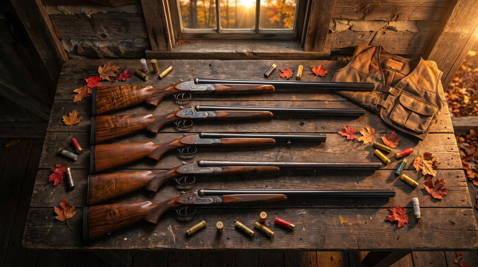8 Best Side-by-Side Shotguns in 2026: From Budget to Bespoke 1 8 best side-by-side shotguns of 2026 lineup on weathered wood at upland hunting cabin