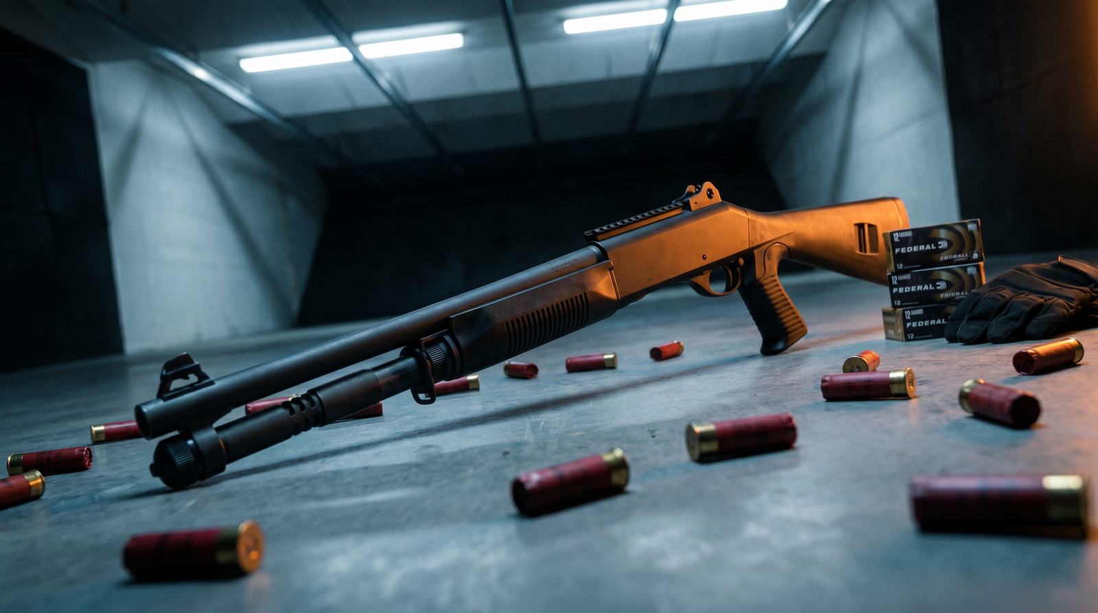 8 Best Tactical Shotguns in 2026: Semi-Autos and Pumps for Defense 32 Benelli M4 tactical semi-auto shotgun on indoor tactical bay concrete floor with scattered 12-gauge buckshot shells and Federal LE ammo boxes under industrial fluorescent lighting