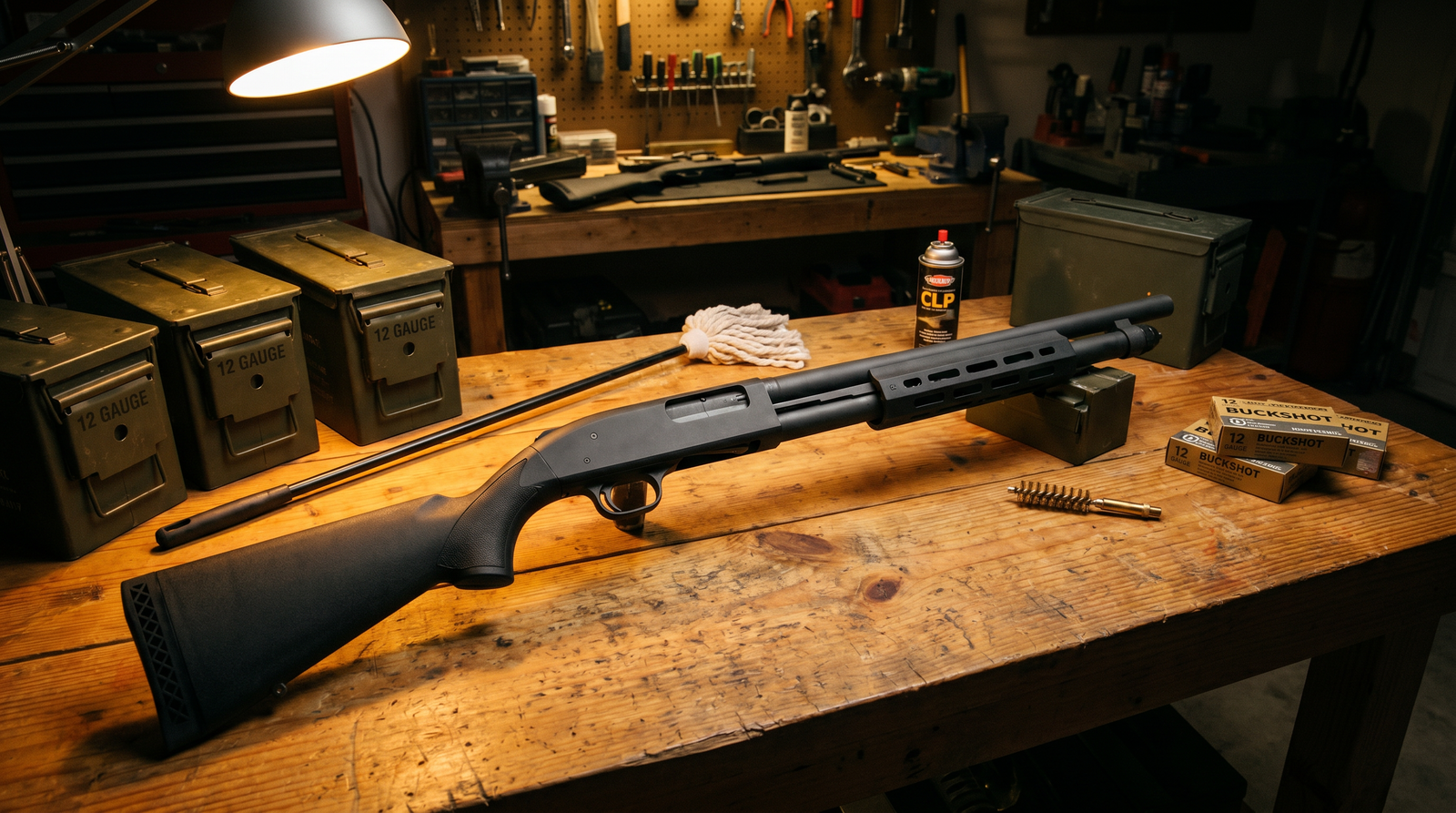8 Best Tactical Shotguns in 2026: Semi-Autos and Pumps for Defense 33 Mossberg 590A1 milspec tactical pump shotgun on a worn pine gunsmith workbench surrounded by olive-drab ammo cans, CLP oil, cleaning rod and brass bristle brush under warm tungsten lamp
