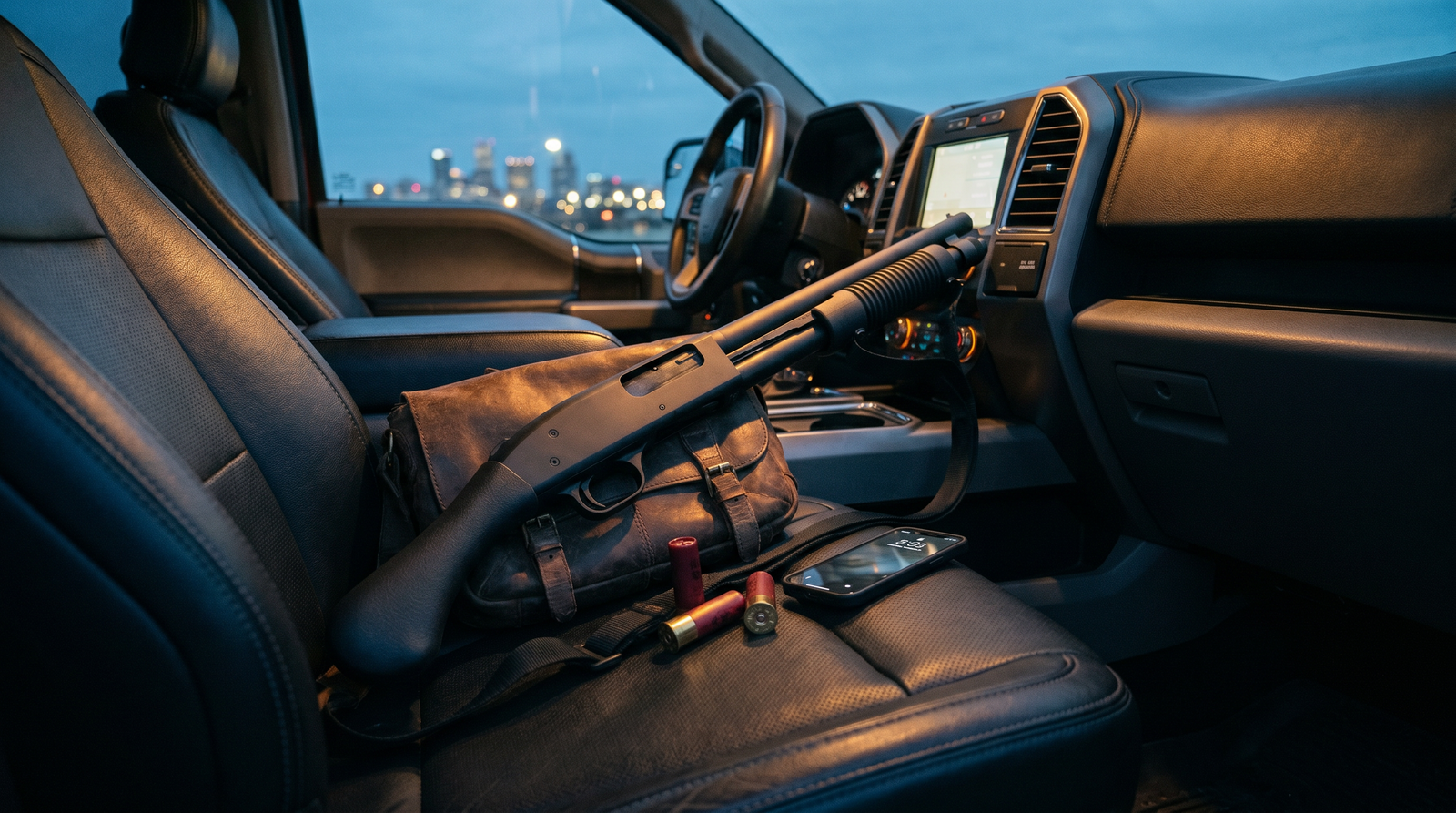 8 Best Tactical Shotguns in 2026: Semi-Autos and Pumps for Defense 35 Mossberg 590 Shockwave compact non-NFA pump shotgun on the leather passenger seat of a pickup truck cab at blue-hour twilight with city lights through the windshield and a leather messenger bag