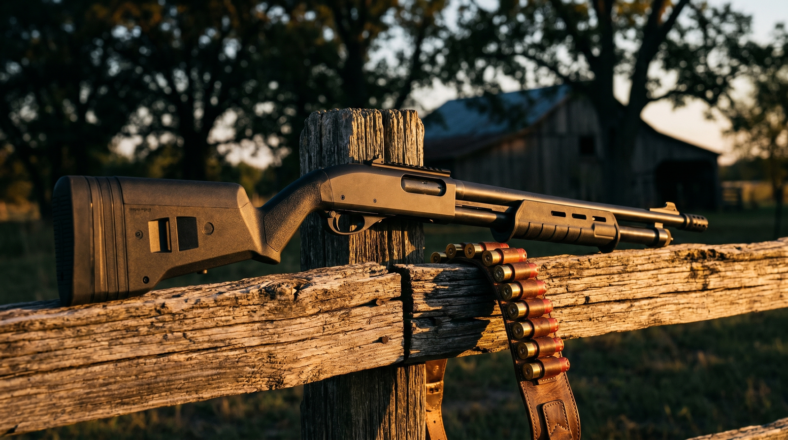 8 Best Tactical Shotguns in 2026: Semi-Autos and Pumps for Defense 36 Remington 870 Tactical pump shotgun with Magpul SGA stock and MOE forend resting on weathered cedar split-rail fence post at golden hour with leather shotshell bandolier and rural barn in background