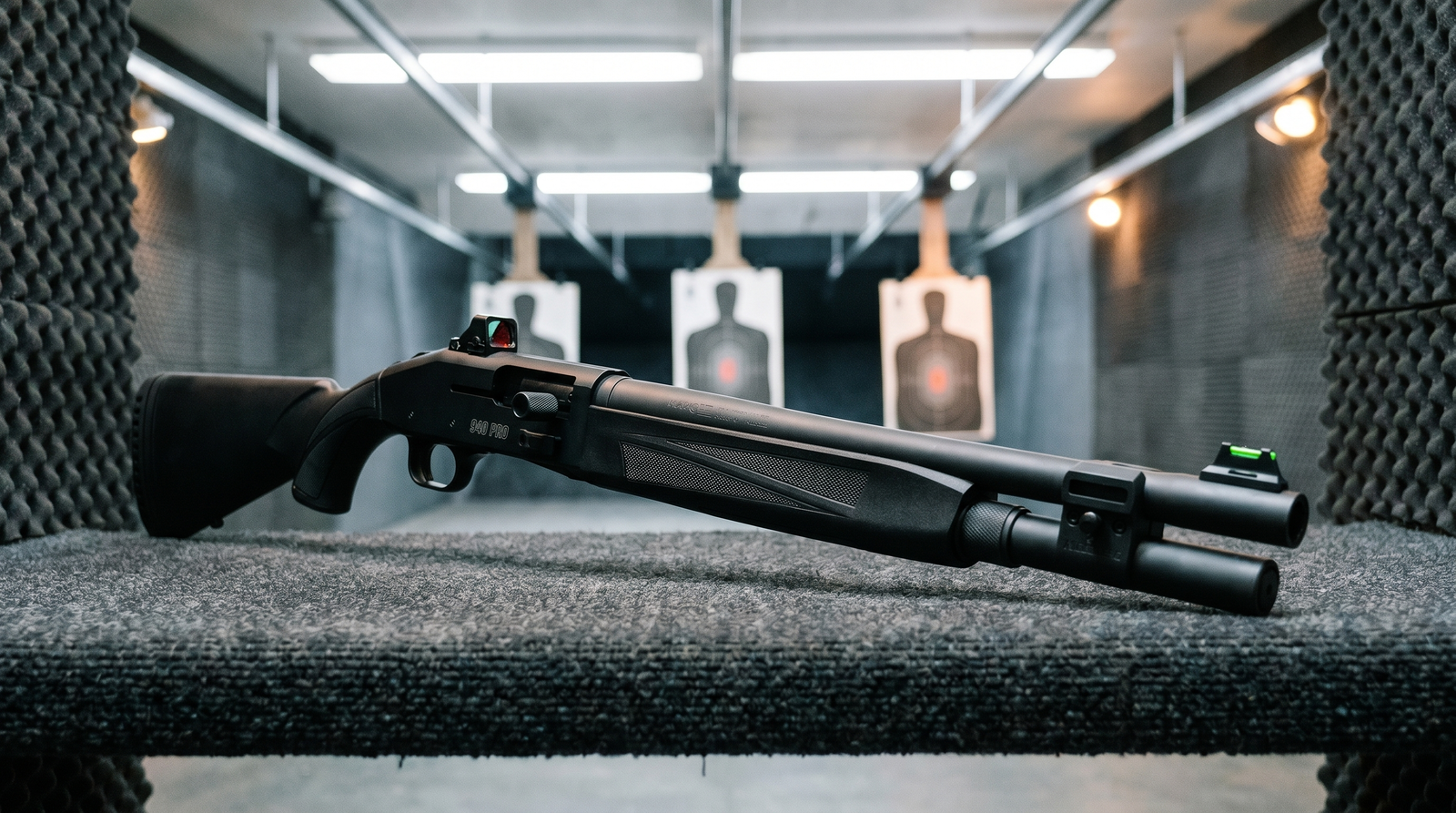 8 Best Tactical Shotguns in 2026: Semi-Autos and Pumps for Defense 37 Mossberg 940 Pro Tactical semi-auto shotgun with mounted micro red dot on indoor pistol bay shooting bench with silhouette targets at 7 yards under overhead fluorescent lighting