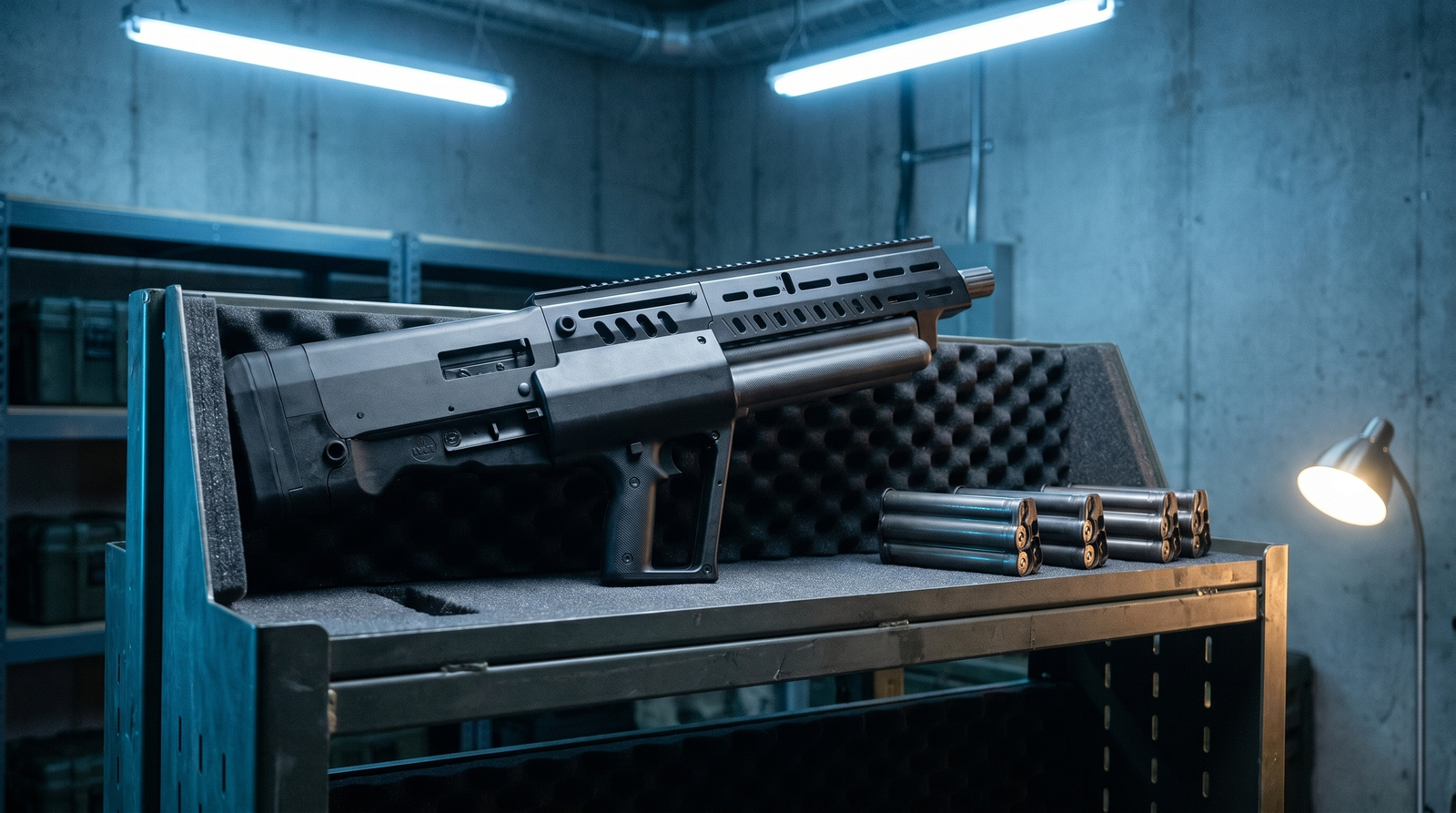 8 Best Tactical Shotguns in 2026: Semi-Autos and Pumps for Defense 38 IWI Tavor TS-12 bullpup semi-auto shotgun on steel armory rack with three spare rotating tube magazines beside it under cool industrial fluorescent lighting